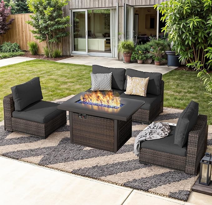 Outdoor Sectional Furniture, 5 Piece Patio Furniture Set with 42-inch Fire Wicker Propane Fire Pit Table - All Weather Wicker Rattan Sofa Conversation Set for Backyard Lawn Poolside Deck, Black