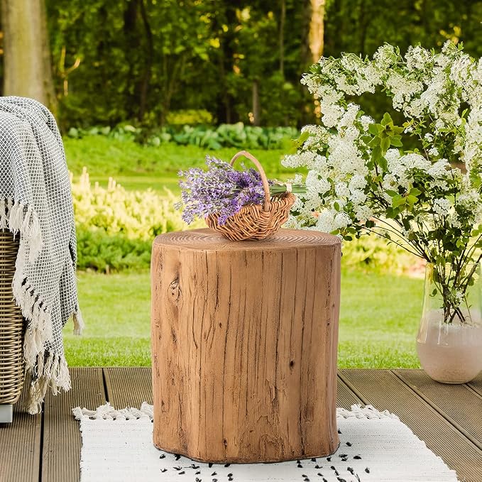 SUNBURY 15" W Outdoor Side Table Set of 2, Concrete Side Table Stump Stool Outdoor Accent Table, Light Brown Garden Stool for Patio, Outdoor End Stump