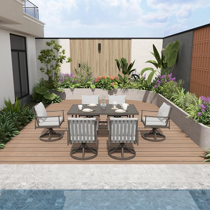 7-Piece Outdoor Dining Set for 6, Aluminum Dining Set with Cushions, 6 Swivel Chairs with Rope Backrest, Large Rectangular Table with Umbrella Hole, Patio Dining Set for Lawn Porch Yard,Grey