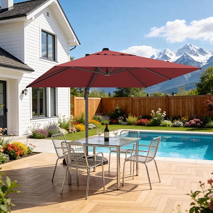 10' X 10' Patio Umbrella Cantilever Outdoor Rectangle Umbrella, Heavy Duty 360°Rotation Offset Umbrella for Garden Deck Pool Patio, Red