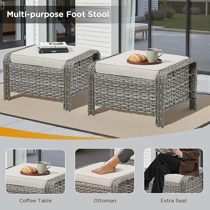 Belord 6 Pieces Patio Furniture Sets - All Weather Outdoor Swivel Rocker Patio Chairs with 3-Seat Sofa and Multifunctional Ottomans, Swivel Rocker Chairs for Garden Porch Deck Grey/Beige