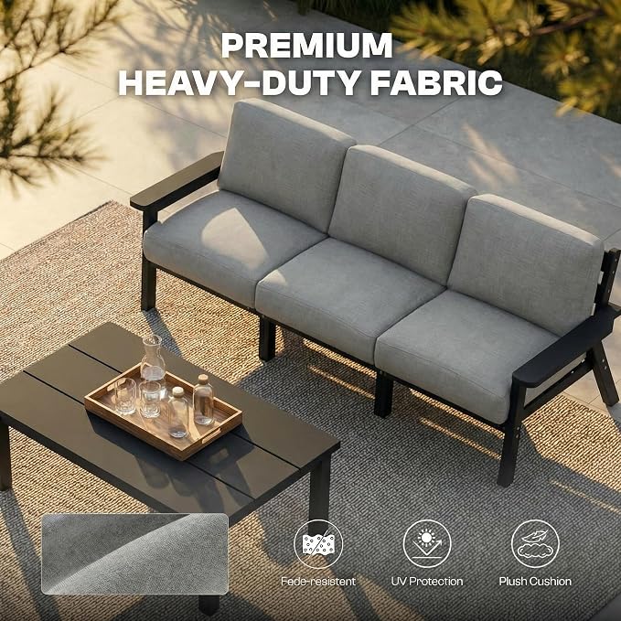 8 Piece Patio Furniture Set, HDPE Sectional Sofa Seating for 7, Includes 3-Seat Sofa, Loveseat, 2 Armchairs, Coffee Table, All-Weather Outdoor Conversation Set with Olefin Fabric, Black/Grey