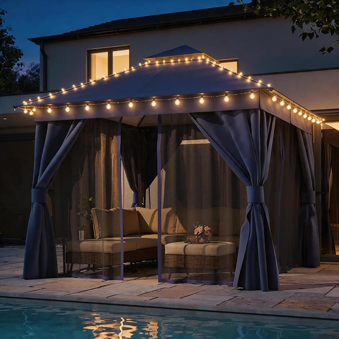 LAUSAINT HOME Patio Gazebo 10'x10', with 50ft Lights Outdoor Heavy Duty Party Tent Shelter with Double Roofs, Mosquito Nettings and Privacy Screens for Backyard, Garden, Lawn, Navy Blue