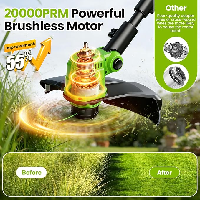 14" Electric String Trimmer Cordless Battery Powered Weed Eater with Wheel, 3-in-1 Cordless Grass Trimmer/Electric Weed Wacker/Edger, Weed Trimmer with 8 Replacement Spools for Garden, Lawn (Green)
