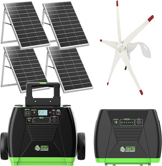 Nature's Generator Elite Platinum - WE System:3600W Solar & Wind Powered Pure Sine Wave Off-Grid Nature's Generator Elite+1200W Power Pod+4pcs 100W Solar Panel+ Wind Turbine
