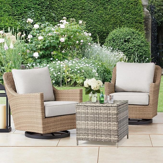 HOMSUPPLIE'S 27 Gallon Outdoor Side Table with Storage Space, Waterproof Wicker Patio Deck Box, Rattan End Table with Hidden Storage for Pool Towels, Toys & Garden Tools(Grey,Square)