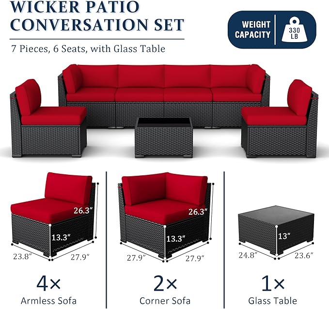 Patio Furniture Set, 7 Pieces Outdoor Sectional Sofa Set with Waterproof Cover, Black PE Wicker Rattan Slanted Back Outdoor Conversation Set with Cushions and Glass Coffee Table, Wine red