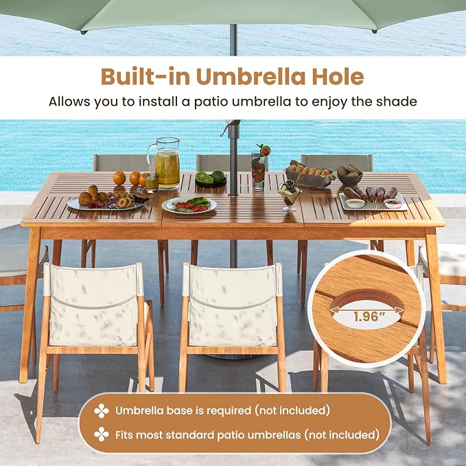 HAPPYGRILL Outdoor Acacia Wood Dining Table for 8 People, 79” x 35” Rectangular Patio Bistro Table with Built-in Umbrella Hole, Wooden Picnic Table for Porch, Garden, Backyard, Natural