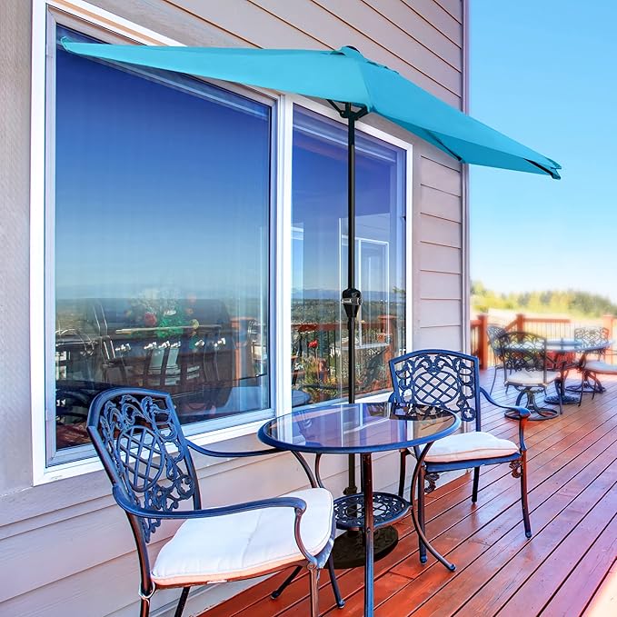 Half Umbrella Outdoor Patio Shade - 9 ft Patio Umbrella with Easy Crank - Small Canopy for Balcony, Table, or Deck by Pure Garden (Blue)