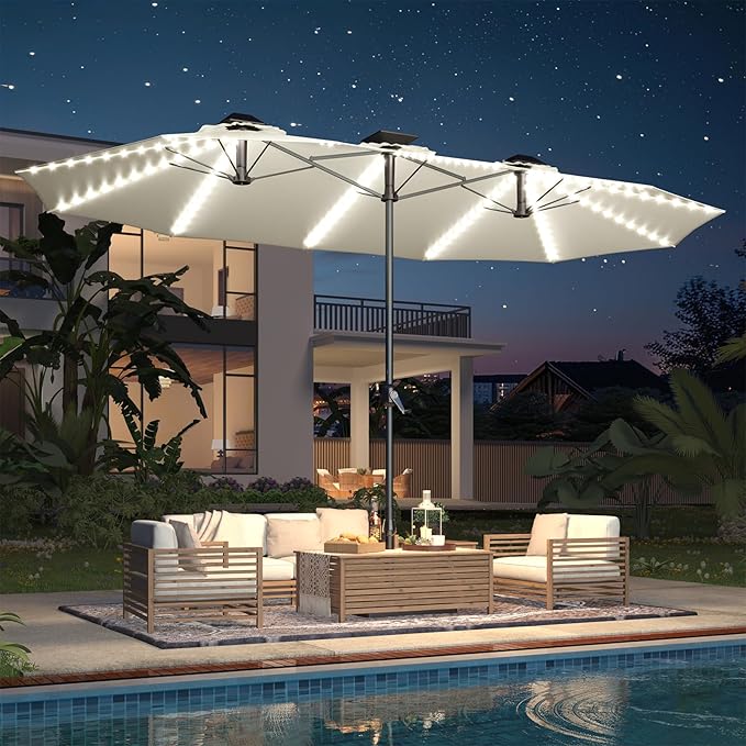 AECOJOY 15ft Patio Umbrella with Solar Lights, Outdoor Large Patio Umbrella with Crank Handle and 156 PCS LED Lights, Rectangular Market Umbrella for Backyard Deck Pool in Beige(1.9" Pole)