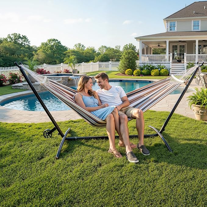 ONCLOUD Outside Hammock with Stand, Portable Hammock Set with Wheel for Camping, Backyard, Heavy Duty Hammock with Carry Bag&2 Wooden Combs, 440LBS, Coffee Brown