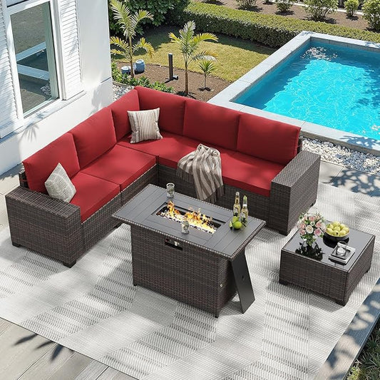Soohow 7-Piece Patio Furniture Set with 44" Fire Pit Table, Outdoor Sectional Wicker Rattan Conversation Set for Garden, Porch, Backyard - Wine Cushions