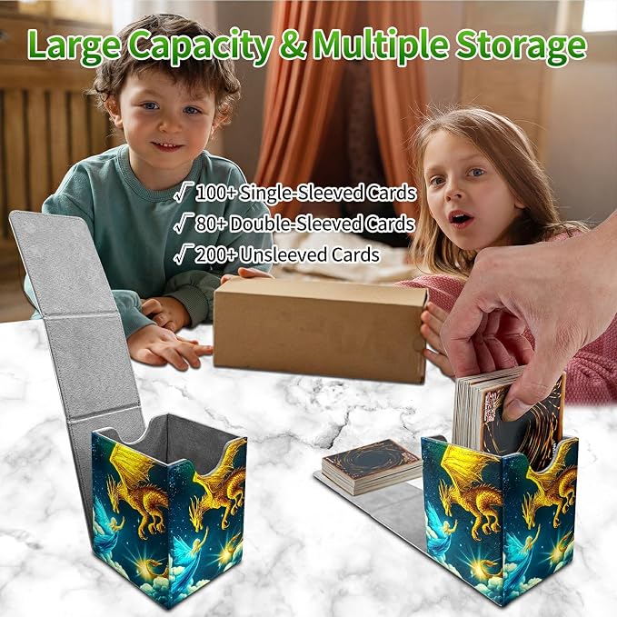 Deck Box for MTG, Cards Storage Box Fits 120+ Sleeved, Leather Medium Size Strong Magnetic Closing Card Case for Board Games Magic TCG CCG Baseball Collection, Yellow Dragon Girl
