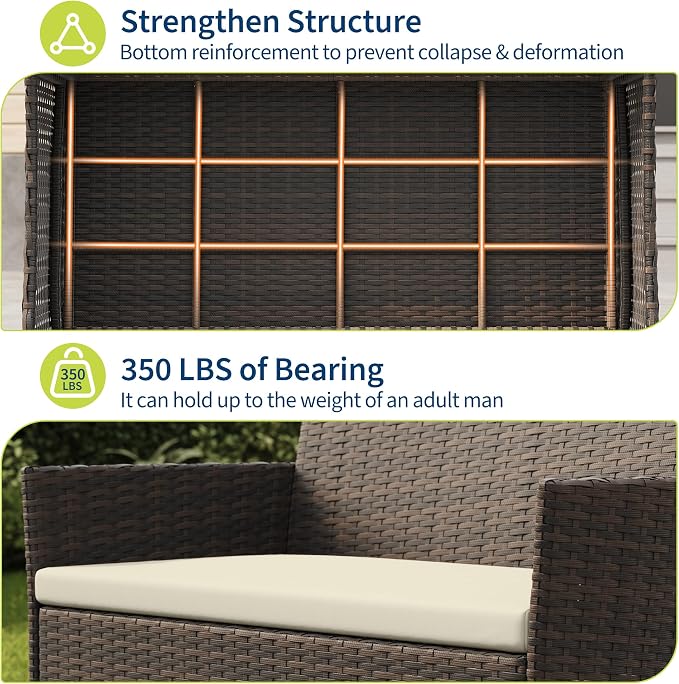 4 Piece Patio Furniture Set, Outdoor Deck Rattan Chair Wicker Combo Furniture, All Weather Dialogue Rattan Sofa with Upholstery and Glass Table for Garden, Backyard, Porch, Lawn, Pool, Brown+White