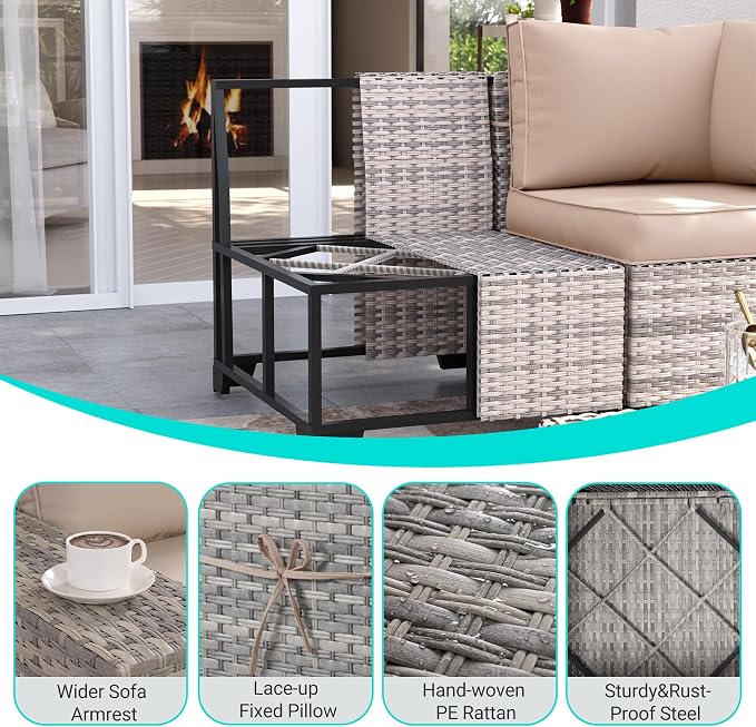 13-Piece Outdoor Patio Furniture Set with Rocking Swivel Chair, PE Wicker Rattan Sectional Sofa Patio Conversation Set with 55,000 BTU Fire Pit Table & Coffee Table, Sand