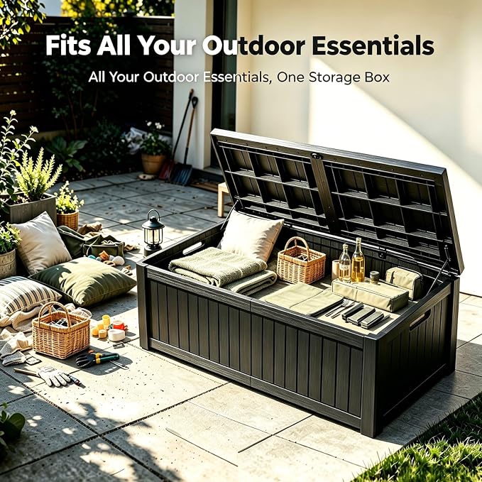 200 Gallon Outdoor Storage Deck Box, Large Storage Organizer for Patio Furniture Accessories, Garden Tools, Indoor Storage for Cushion, Black
