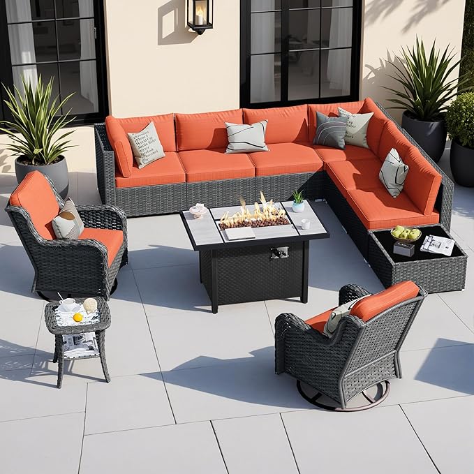 HOOOWOOO Outdoor Patio Furniture with Fire Pit Set 11 Pieces Patio Set with Fire Pit Wicker Outdoor Furniture with Fire Pit Table Set Patio Sectional Set with Swivel Chairs,Orange Red