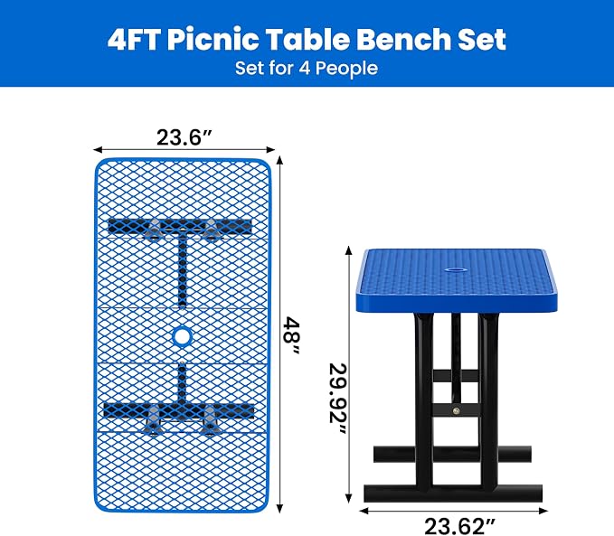 4FT Metal Picnic Tables for Outdoors, Commercial Rectangular Picnic Table for Outside, Park, Campfield, Patio, Garden, Yard, Thermoplastic Coating, Surface Mounted, Blue