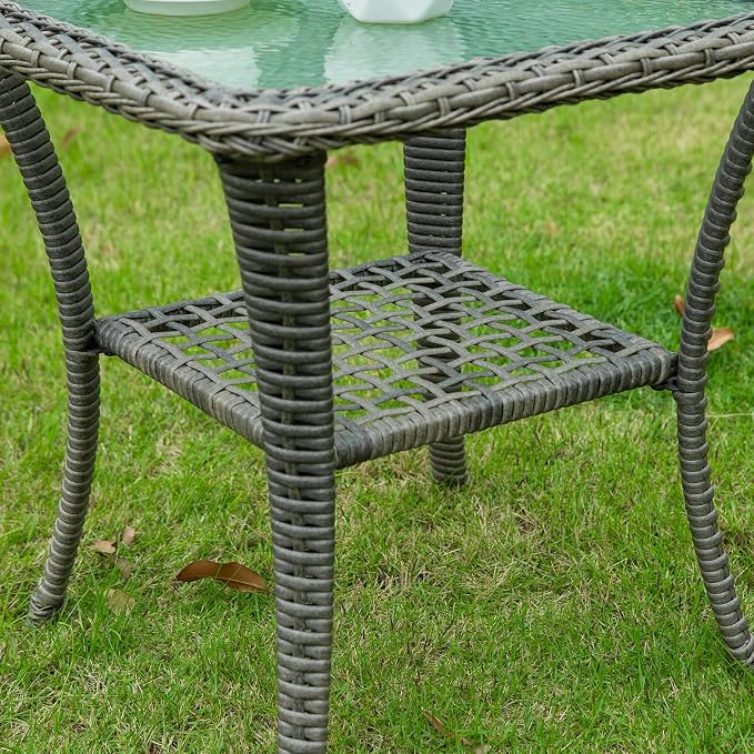 VIVIJASON Outdoor Wicker Side Table, All-Weather Rattan Patio Side Table Bistro Table with 2-Tier Storage, Tempered Glass Top Square End Table for Indoor, Balcony, Garden, Porch, Deck, Gray