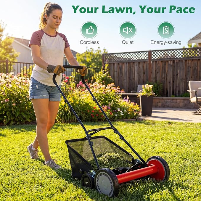 Push Reel Lawn Mower, Cordless 18" Manganese Steel Manual Grass Cutter with 5-Blade, Removable Grass Catcher, 9 Cutting Heights, Walk-Behind Lawn Mower for Garden Farm Yard (Red)
