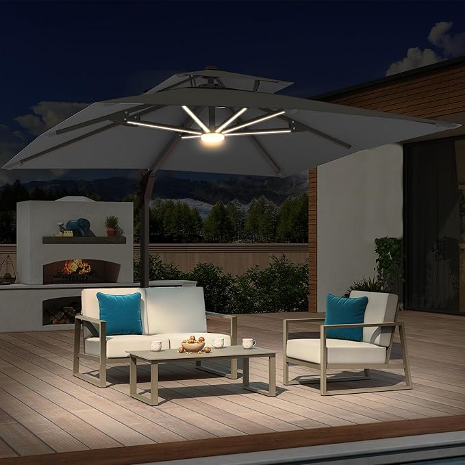 10x10 FT Cantilever Patio Umbrella with Base and Led Lights Double Top Outdoor Square Large Heavy Duty Aluminum Offset Umbrellas with 7 Level Tilt 360-degree Rotation for Pool Garden Deck, Grey