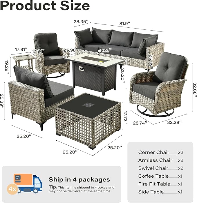 9 Pieces Outdoor Sectional Patio Furniture Set with 42" Fire Pit,Conversation Sets Rattan Wicker L Shaped Couch Swivel Rocking Chairs,Modular Outdoor Sofa for Porch Balcony Backyard Black