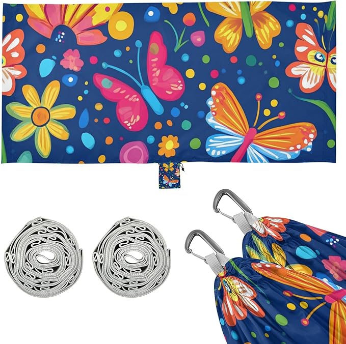 Cartoon Colorful Butterflies Flowers 330lb Capacity Outdoor Hammocks with Hanging Rope Hanging Hammock for Patio Backyard Lounge Base Base para poner hamaca
