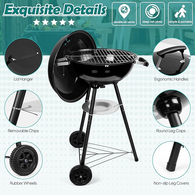 HaSteeL 18 Inch Charcoal Grill, Black Kettle Outdoor Barbecue Grill, 2-In-1 Portable BBQ Grill with Wheels for Camping Backyard Patio Picnic, Porcelain-Enameled Lid & Fire Bowl, 254.SQ.IN Cooking Area
