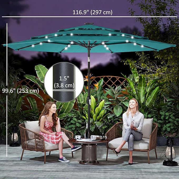Outsunny 9.7 ft Outdoor Patio Umbrella with 32 Solar LED Lights, 3 Tier Outdoor Table Market Umbrella with Tilt and Crank, 8 Ribs for Garden, Deck, Yard, Poolside