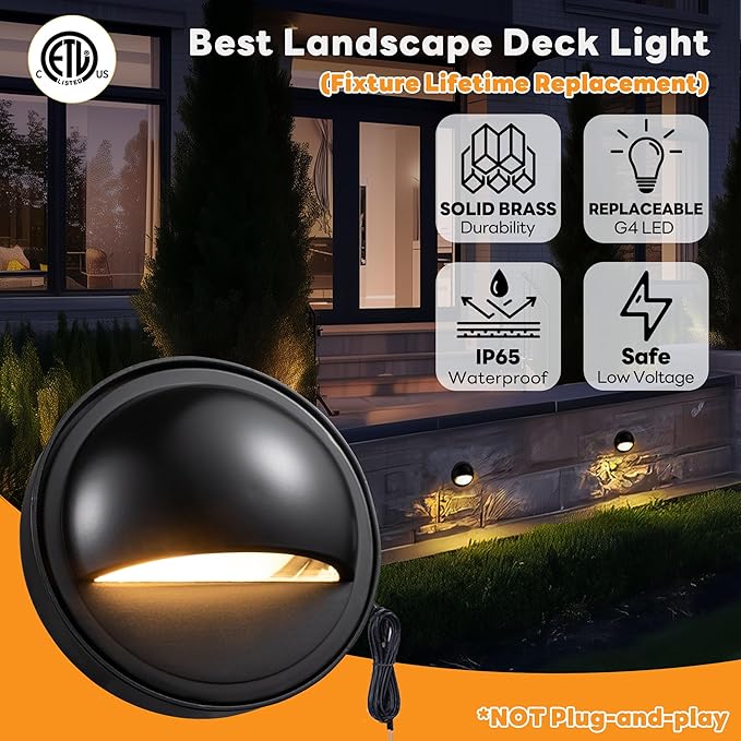 Gardenreet Low Voltage Deck Lights - Outdoor Solid Brass Step Lights, Landscape 12V LED Hardwired Waterproof, Round Black Lighting for Fence Wall Yard Stair Without G4 Bulb 12 Pack
