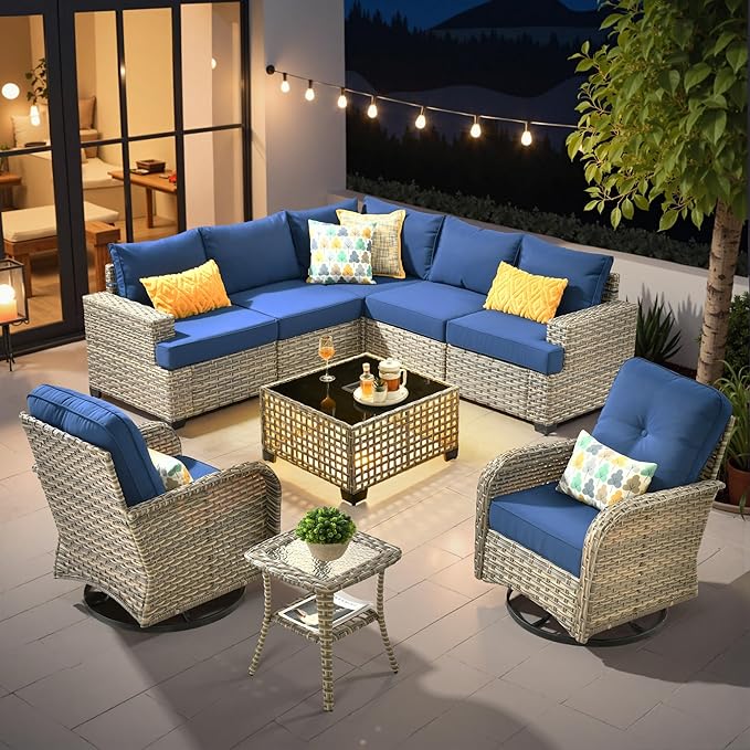HOOOWOOO Sectional Patio Furniture Set with Swivel Chairs,9 Pieces Wicker Outdoor Furniture L Shaped Couch,Outside Conversation Set with Extra Deep Seat Sofa Wide Arm Solar Light Table,Navy Blue