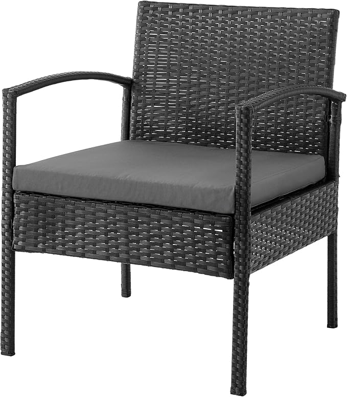 Manhattan Comfort Noli 3-Piece Patio Conversation Set, Outdoor Furniture Made of Steel Rattan | Includes 2 Modern Armchairs, Tempered Glass End Table, Removable Waterproof Cushions, Grey