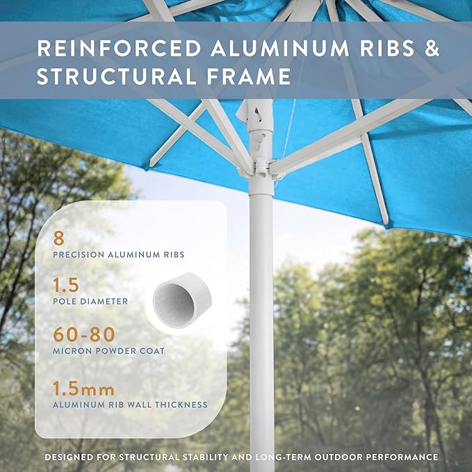 California Umbrella 12-Year Protection 9-Ft Outdoor Patio Umbrella, Sunbrella Fade-Resistant Fabric, Auto-Tilt, Heavy Duty Aluminum Frame, 8 Reinforced Ribs for Pool or Deck, White Pole, Canvas Cyan