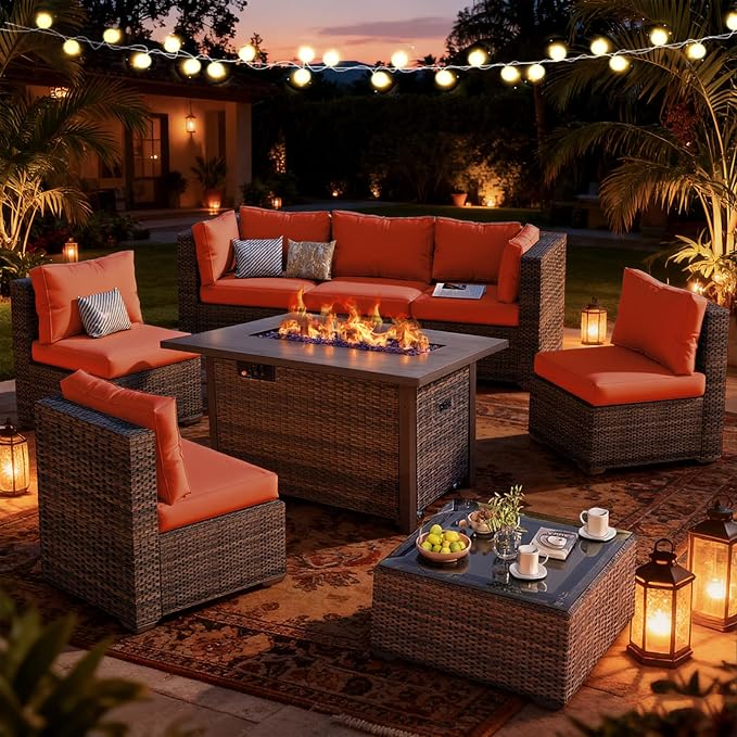 Patio Furniture Set, 8 PCS Outdoor Sectional Patio Furniture Set with 42" Fire Pit Table, Rattan Wicker Sofa Couch for Garden Backyard Deck Poolside, Red