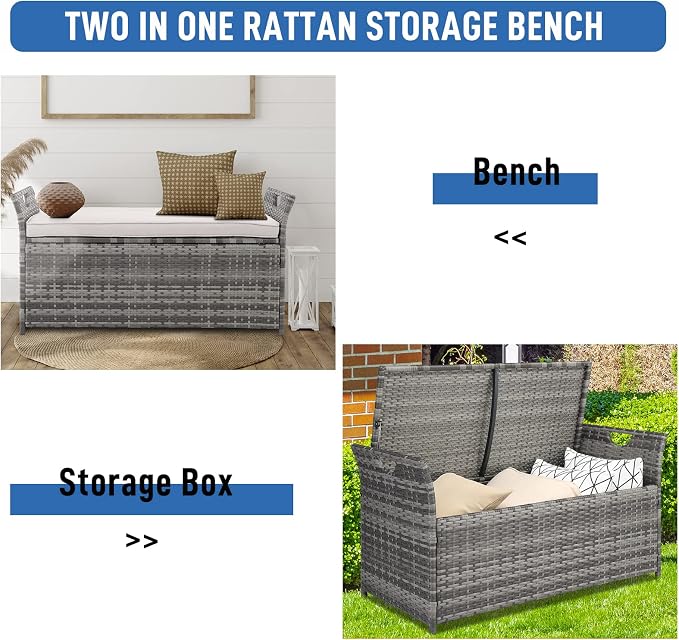 Outvita Outdoor Storage Box, Patio Rattan Storage Bench with Cushion for Backyard, Balcony, Poolside, Garden (Gray)