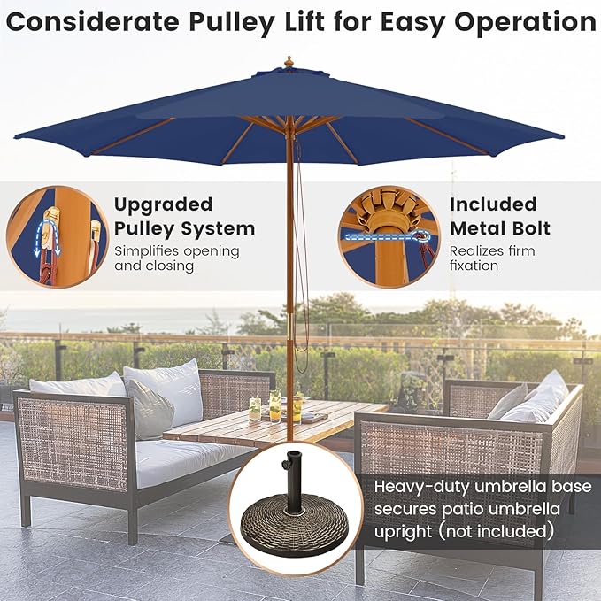 Tangkula 10FT Patio Umbrella, Outdoor Table Market Umbrella w/8 Wooden Ribs, 3 Adjustable Heights, Rope Pulley System, Detachable Pole, Wooden Patio Umbrella for Garden, Poolside, Backyard (Navy)