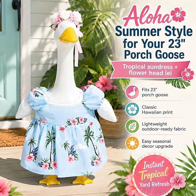 Funny 2 Pack Hawaiian Porch Goose Outfit for 17/23 Inch Lawn Geese Statue, Tropical Palm Floral Summer Dress & Flower Lei Headband Set, Aloha Style Goose Costume for Outdoor Yard Patio Garden Décor