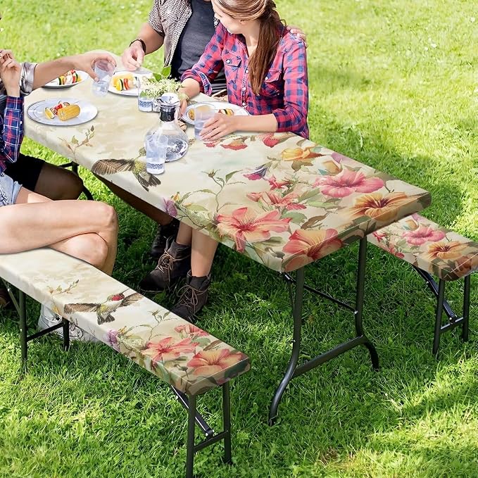 Hummingbird Picnic Table Cover with Bench Covers Elastic Fitted Water Resistant Windproof Tablecloth with Storage Bag - 72x30 Inches 3Pcs Set Patio Table Cover for Outdoor Camping Garden