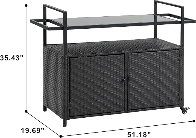 Outdoor Wicker Storage Deck Box and Rolling Bar Cart with Tempered Glass Top and Wheels for Patio, Porch, and Backyard, Weather-Resistant Rattan Serving Table, Black, 51 Inches