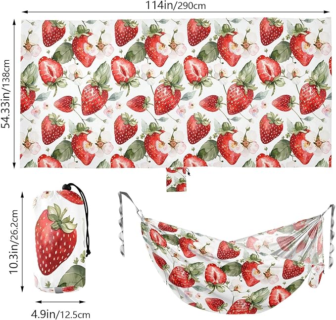 Camping Hammock Outdoor Hammocks for Outside Strawberry Cute Watercolor Beach Trees Portable Lightweight with Pockets Tree Straps Indoor Small
