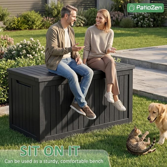 PatioZen 310 Gallon Deck Box Outdoor Storage Box, Waterproof and UV Resistant, Lockable&Resin for Patio Cushions Storage Furniture, Garden Tools, Pool Supplies(Black, 310 Gallon)