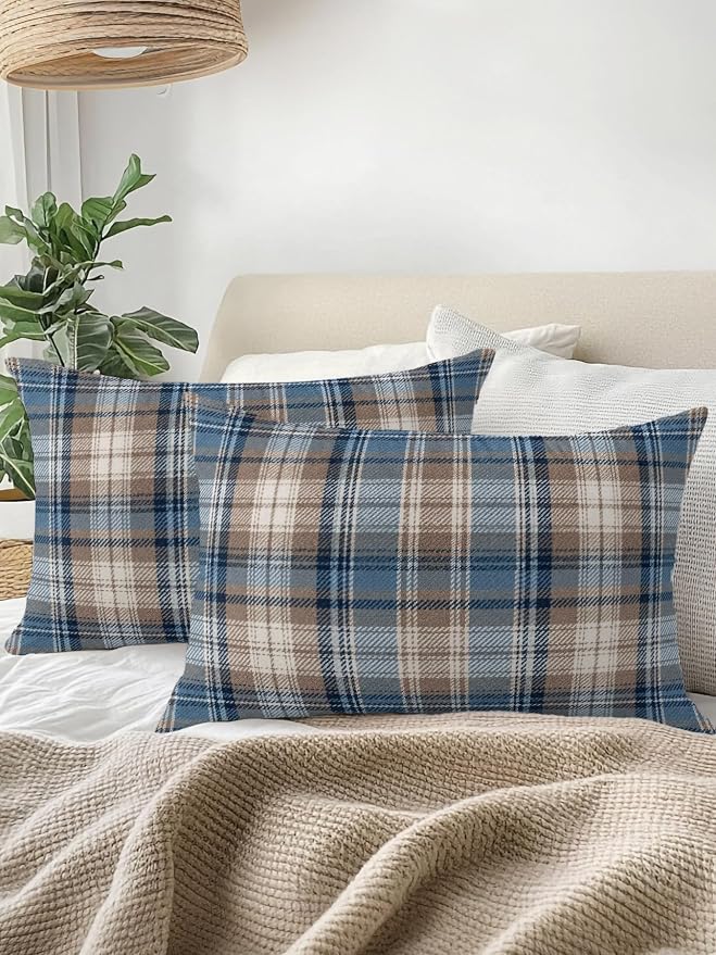 Waterproof Outdoor Pillow 1 Pack Beige Checked Plaid Decorative Throw Pillows Cover & Insert 20x12 Inch Lumbar Pillowcase Stripes Woven Grid Pillows for Couch Sofa Bed Patio Furniture Indoor Outdoor