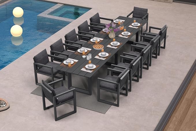 PURPLE LEAF Outdoor Dining Set for 12 Aluminum Oversize Patio Furniture Table and Chairs Set with All Weather Thick Cushion Rectangular Patio Dining Sets for Large Backyard Garden Poolside, Grey