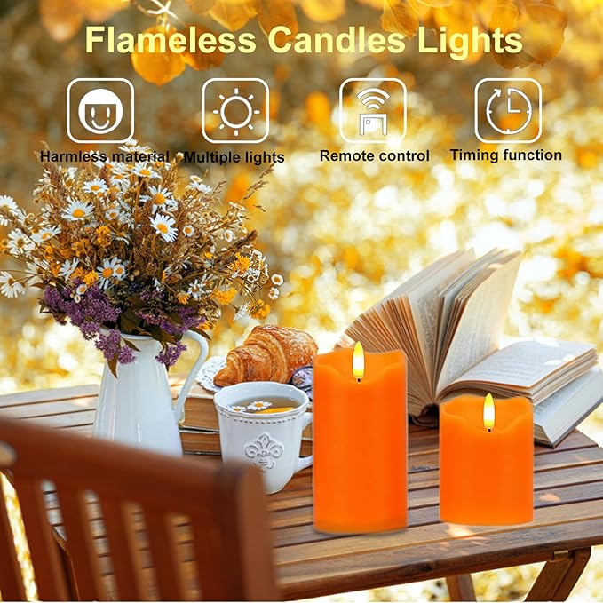 Orange Flameless LED Pillar Candles, Remote Controlled with Built-in Battery, 3-Piece 3"×4"/5"/6" Set, Safe, Waterproof, Timer Function, Flickering Warm Glow for Home, Wedding & Outdoor Decor