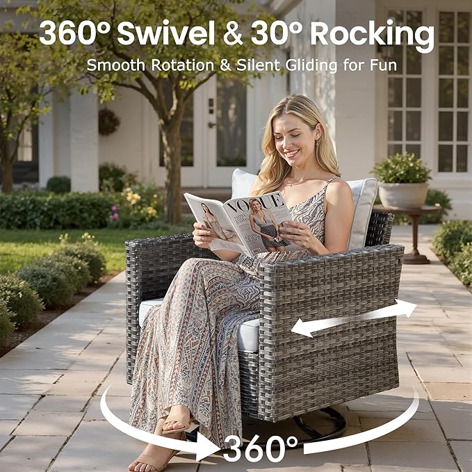 9 PCS Outdoor Patio Furniture Sets with Wicker Rocking Chair,Wicker Weather Resistant Patio Conversation Set with Comfy Cushions,Modular L Shaped Sofa with Coffee Table for Yard,Light Grey