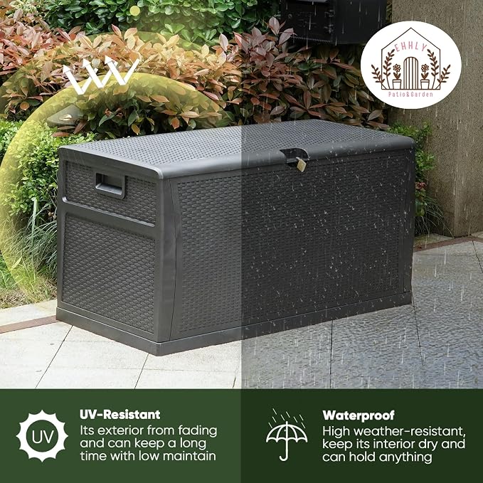 EHHLY 121 Gallon Outdoor Storage Box Large, Lockable Outside Storage Containers Waterproof Patio Cushions Deck Boxes, Rattan Plastic Garden Hose Boxes Resin Pool Storage Bins, Grey