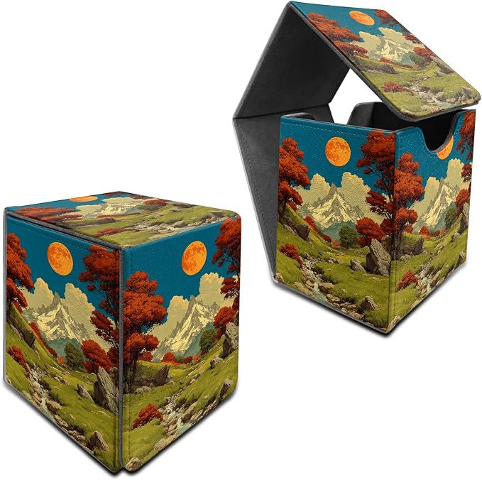 Snow Mountain Moon Brook Card Deck Box for MTG, Personalized Card Storage Case Fits 120+ Sleeved Cards, Premium Leather TCG Box with Strong Magnetic Closure for Magic, PTCG, Baseball Cards