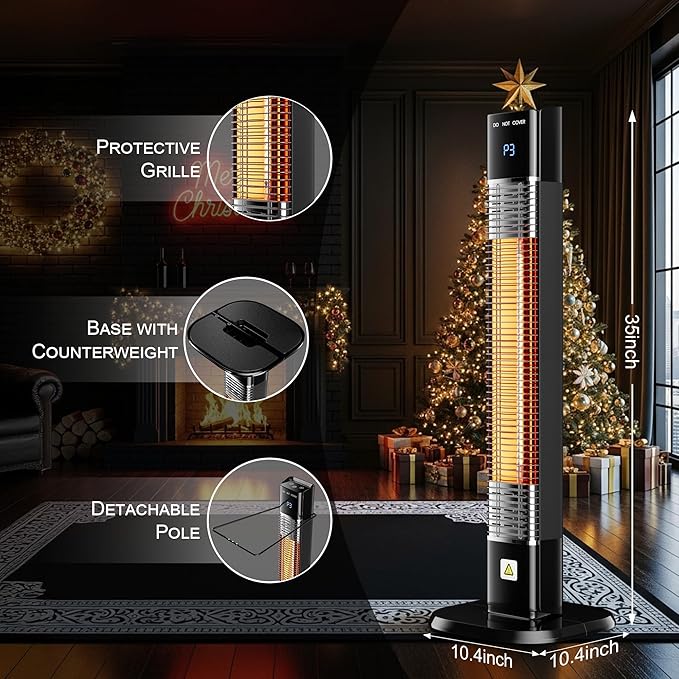 Landeagle Patio Heater for Outdoor,1500W Electric Infrared Radiant Heaters with Remote for Garage Bedroom Backyard, Room Space Heater with 24H Timer,3 Heat Settings,Tip-over Protection for Indoor, 35"