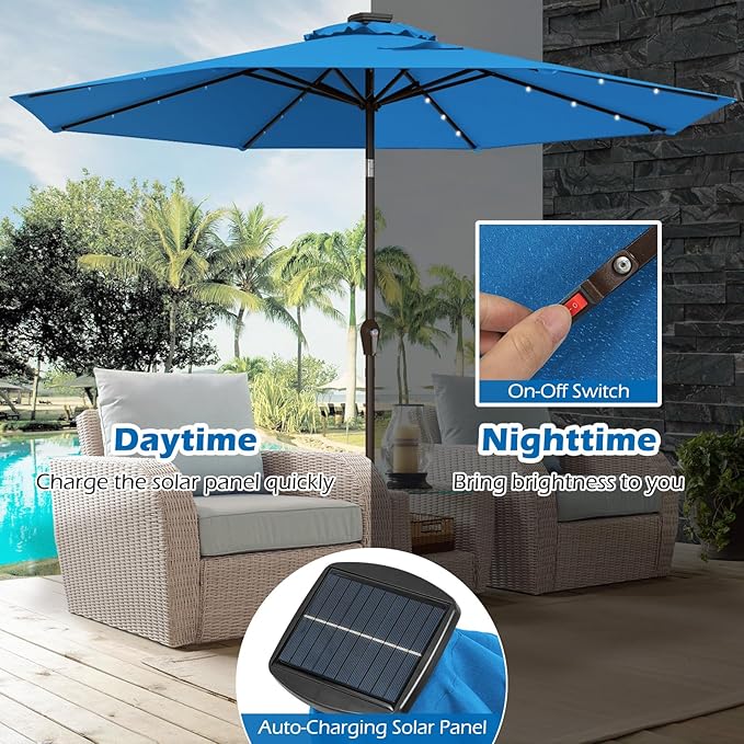Giantex 9ft/10ft Outdoor Patio umbrella with Solar Lights, Table Market Umbrella with Crank and Push-button Tilt System, Solar LED Lighted Patio Umbrella for Backyard Deck Pool Beach