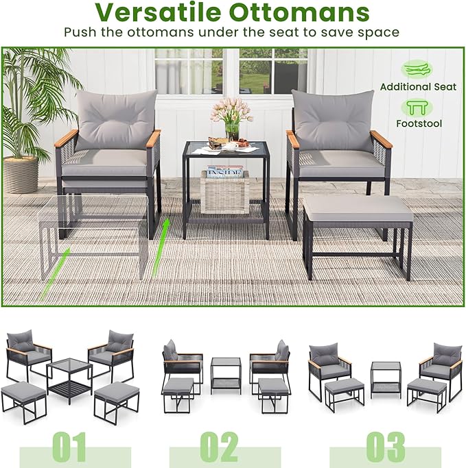 Tangkula 5 Pieces Outdoor Conversation Set, Patio Rattan Armchairs with 2-Tier Side Table & 2 Ottomans, Acacia Wood Armrests & Heavy-Duty Metal Frame, Patio Chairs Set for Porch, Poolside (Grey)